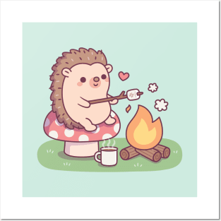 Cute Hedgehog Toasting Marshmallow At Campfire Posters and Art